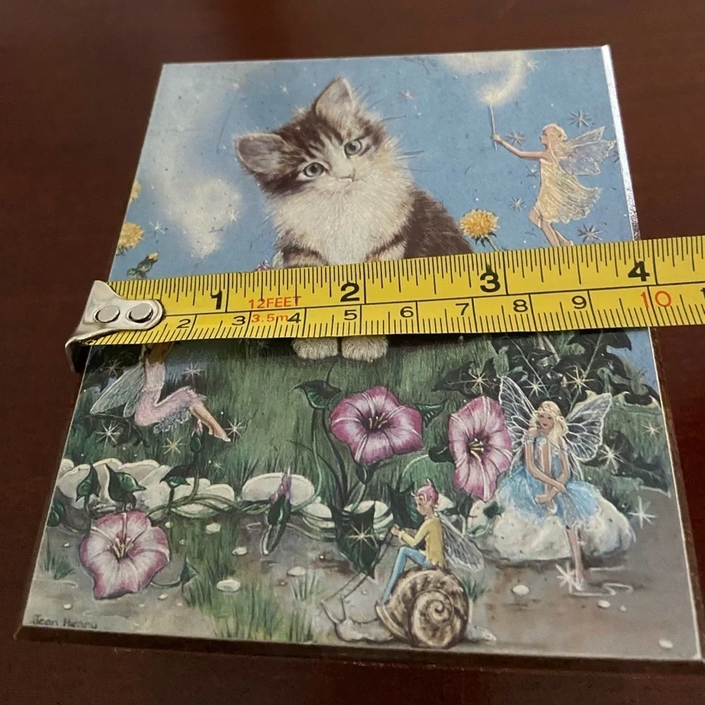 🩷 Vintage Kitten Cat and Fairy Foils Wooden Trinket Box Souvenir Cedar Box